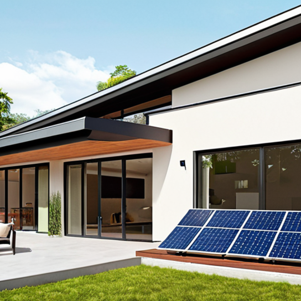 **Image:** A modern home exterior featuring large windows maximizing natural light, light-colored walls, and solar panels on the roof. The scene should emphasize energy efficiency and eco-friendliness.