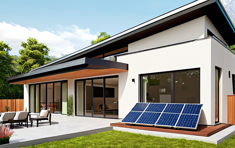 **Image:** A modern home exterior featuring large windows maximizing natural light, light-colored walls, and solar panels on the roof. The scene should emphasize energy efficiency and eco-friendliness.