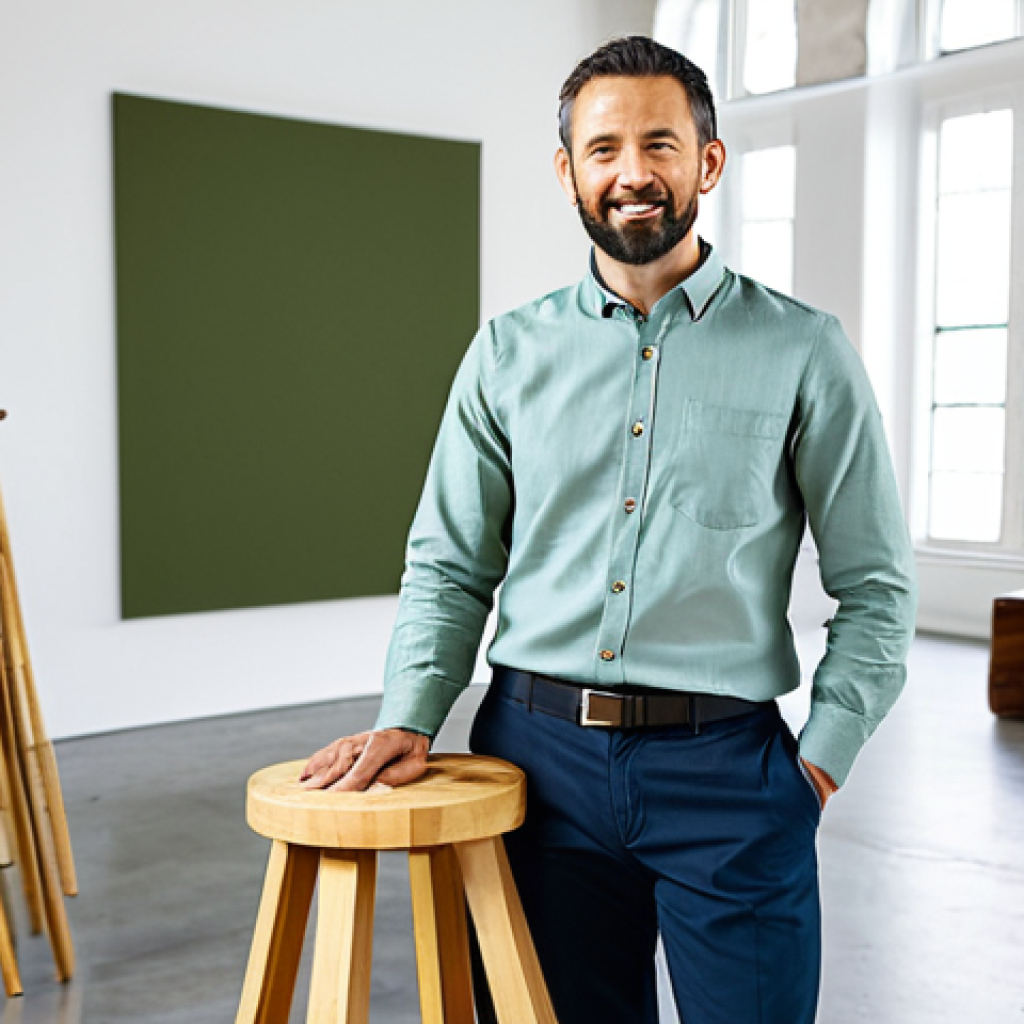 A professional male designer in his late 30s, wearing a modest, stylish business casual outfit with an earth-toned collared shirt and tailored trousers, standing confidently in a bright, modern design studio. He is presenting a beautifully crafted stool made from recycled wood and sustainable materials, with other eco-friendly prototypes visible in the background, such as biodegradable packaging and bamboo textiles. The studio is clean and organized, with natural light streaming in. The scene conveys innovation and responsibility. perfect anatomy, correct proportions, natural pose, well-formed hands, proper finger count, natural body proportions, fully clothed, modest clothing, appropriate attire, professional dress, safe for work, appropriate content, family-friendly, professional photography, high quality.