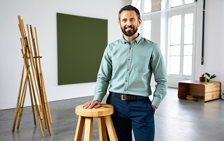 A professional male designer in his late 30s, wearing a modest, stylish business casual outfit with an earth-toned collared shirt and tailored trousers, standing confidently in a bright, modern design studio. He is presenting a beautifully crafted stool made from recycled wood and sustainable materials, with other eco-friendly prototypes visible in the background, such as biodegradable packaging and bamboo textiles. The studio is clean and organized, with natural light streaming in. The scene conveys innovation and responsibility. perfect anatomy, correct proportions, natural pose, well-formed hands, proper finger count, natural body proportions, fully clothed, modest clothing, appropriate attire, professional dress, safe for work, appropriate content, family-friendly, professional photography, high quality.