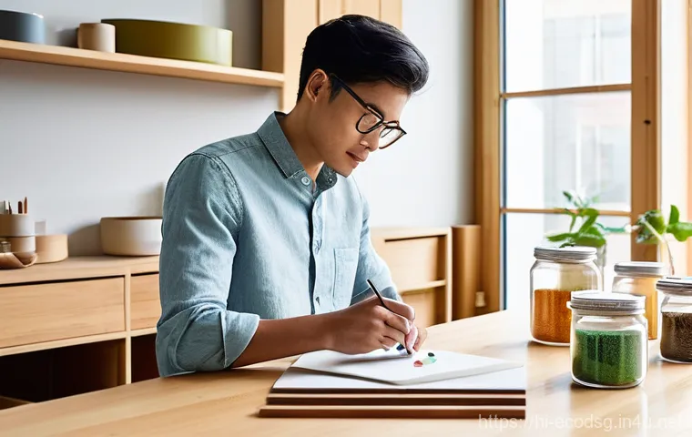 에코디자인 프로토타입 제작 - **Prompt 1: Eco-Conscious Designer at Work**
    "A bright, modern design studio bathed in soft natu...