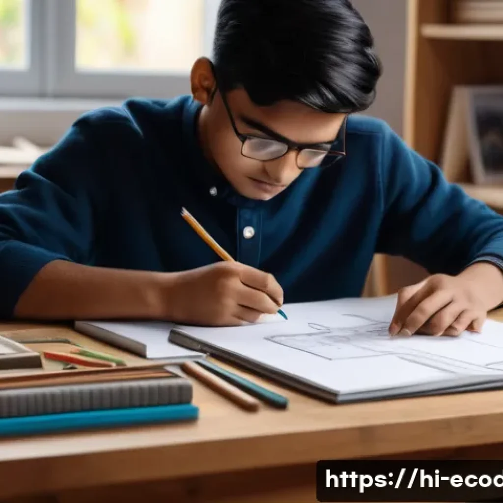 에코디자인 실기 대비 팁 - A detailed, realistic study scene of a young Hindi-speaking student preparing for an eco-design prac...