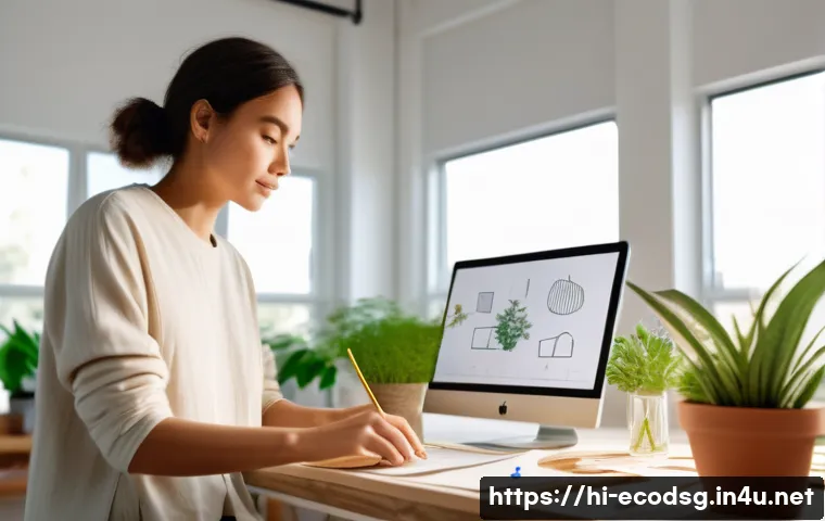 에코디자인 전문가의 커리어 패스 - A creative eco-friendly product designer at work in a bright, modern studio filled with sustainable ...