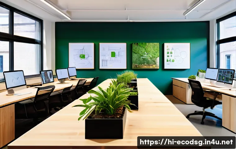 에코디자인 취업 준비 팁 - A modern eco-friendly design studio interior with natural lighting, featuring designers working on s...
