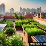 에코디자인 교육 자료 공유 - A vibrant eco-friendly urban rooftop garden scene in an Indian city, featuring diverse green plants,...