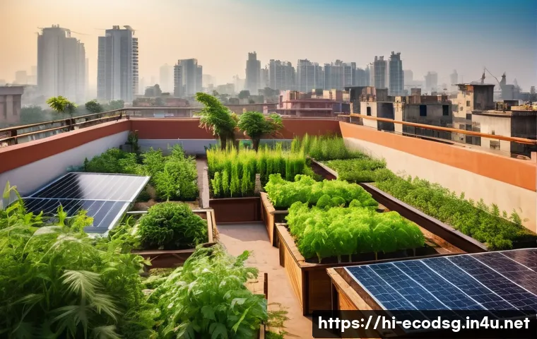 에코디자인 교육 자료 공유 - A vibrant eco-friendly urban rooftop garden scene in an Indian city, featuring diverse green plants,...