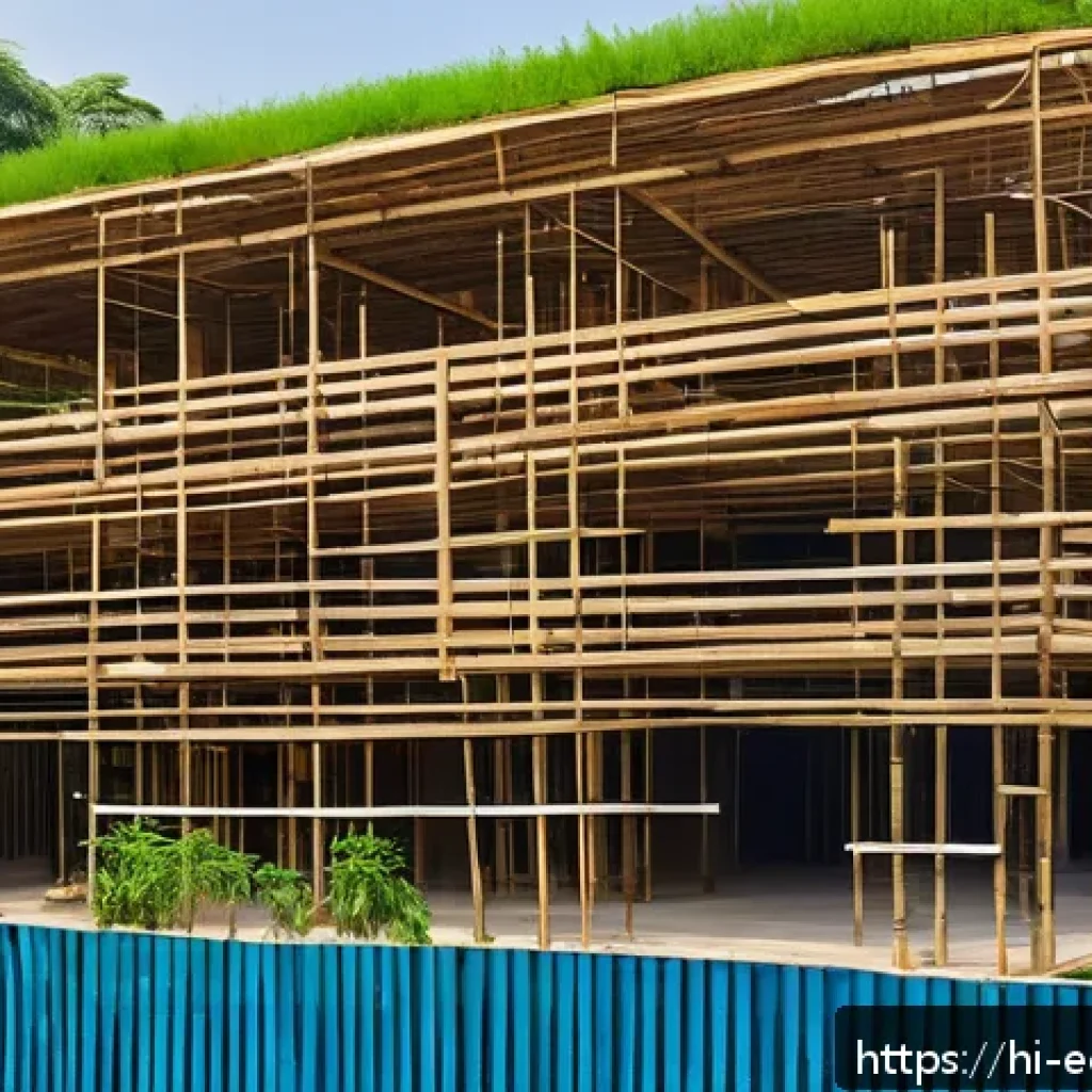 친환경 소재 시장 전망 - A modern, eco-friendly construction site in India featuring sustainable green materials such as bamb...