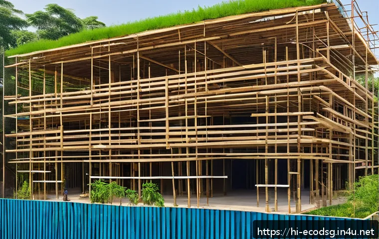 친환경 소재 시장 전망 - A modern, eco-friendly construction site in India featuring sustainable green materials such as bamb...